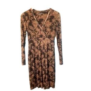 Peruvian Connection DuskFlower Floral Black Dress Faux Wrap Bust Swing Bottom XS